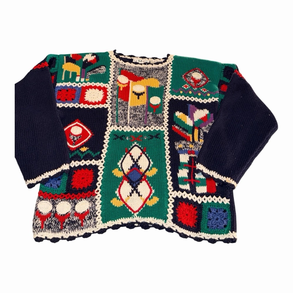 Vintage Le Moda Golf Sweater L Hand Crochet Patchwork Granny Square Navy Preppy